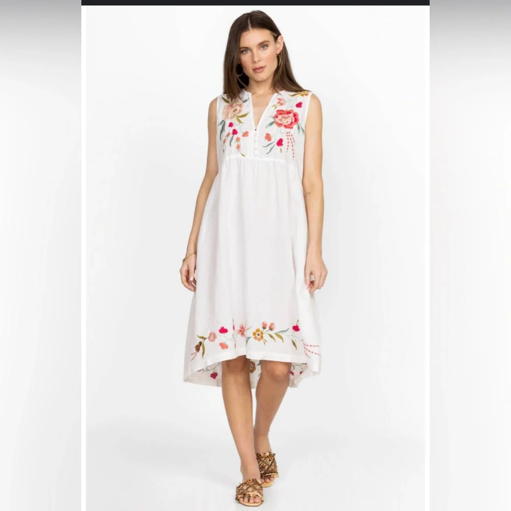 Johnny Was Joya Linen tank dress with embroidered floral motif size M